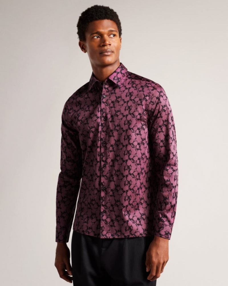 Maroon Ted Baker Comlee Long Sleeve Floral Print Shirt Shirts | UNSKHTI-85