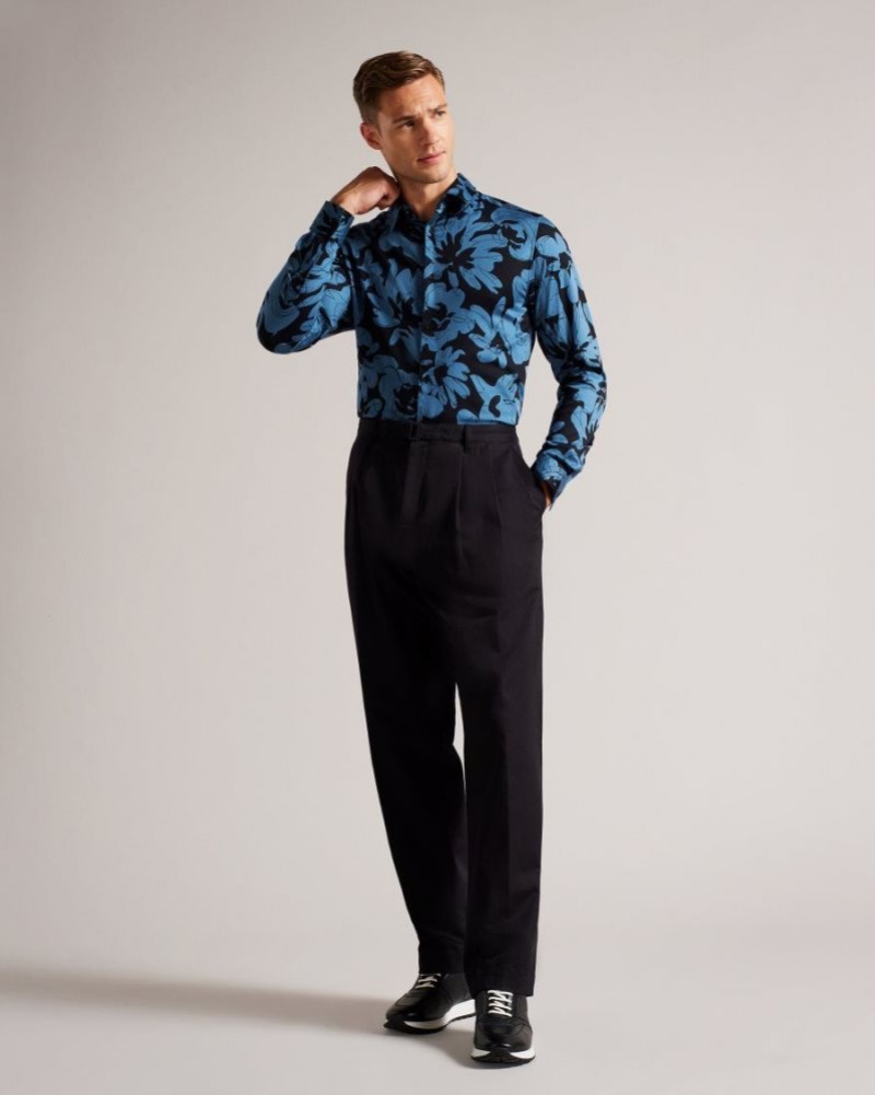 Medium Blue Ted Baker Altlo Long Sleeve Floral Print Shirt Shirts | VYFMIXU-80