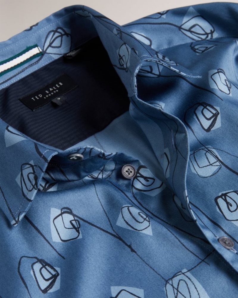 Medium Blue Ted Baker Frith Long Sleeve Flower Print Shirt Shirts | APNJLCT-59