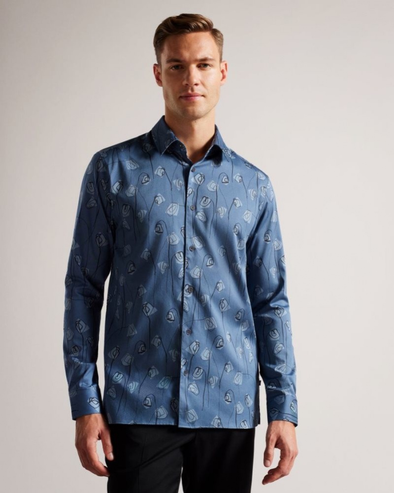 Medium Blue Ted Baker Frith Long Sleeve Flower Print Shirt Shirts | APNJLCT-59
