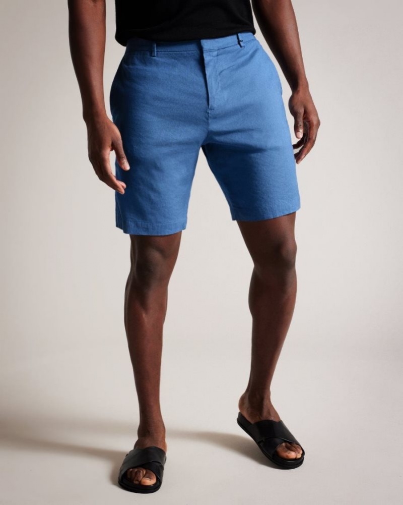 Medium Blue Ted Baker Leder Linen Blend Half Elasticated Shorts Shorts | SNOEJCR-90