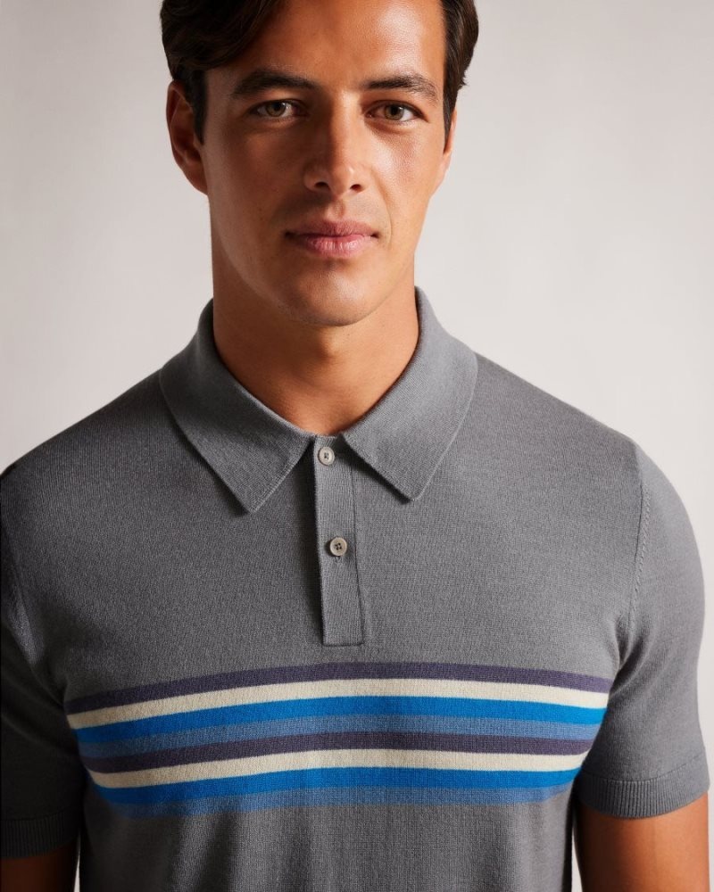 Medium Blue Ted Baker Pital Striped Wool Polo Shirt Polo Shirts | YGEVUBD-72