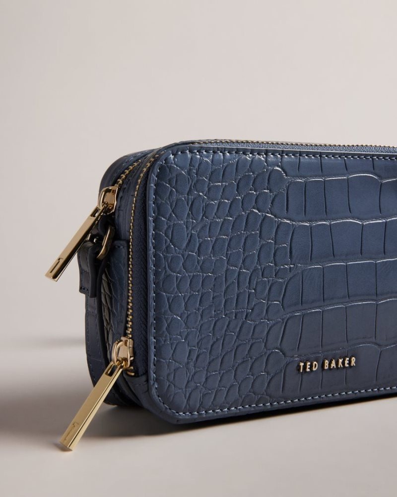 Medium Blue Ted Baker Stina Croc Effect Camera Bag Icon Bags & Signature Bags | RJHQCBI-26