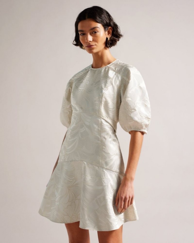 Natural Ted Baker Alannah Puff Sleeve Jacquard Mini Dress Dresses | FVKCHNS-71
