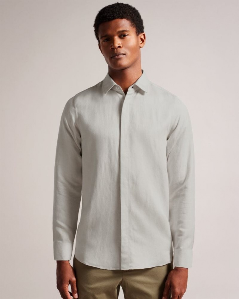 Natural Ted Baker Jasperr Linen Blend Herringbone Shirt Shirts | ATYQRUI-20