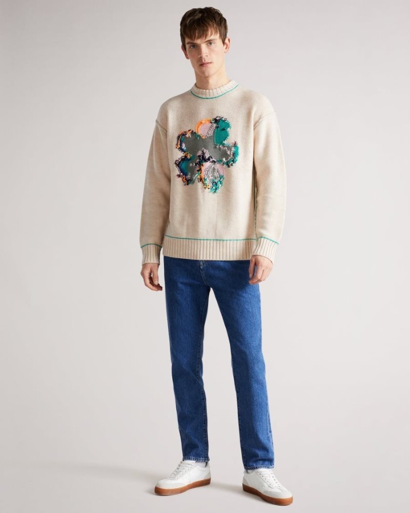 Natural Ted Baker Saltair Long Sleeve Flower Graphic Crew Neck Tee Jumpers & Knitwear | WNGHCOD-36