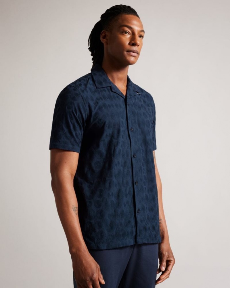 Navy Ted Baker Allbury Short Sleeve Circle Embroidery Shirt Shirts | NIDXGSQ-92