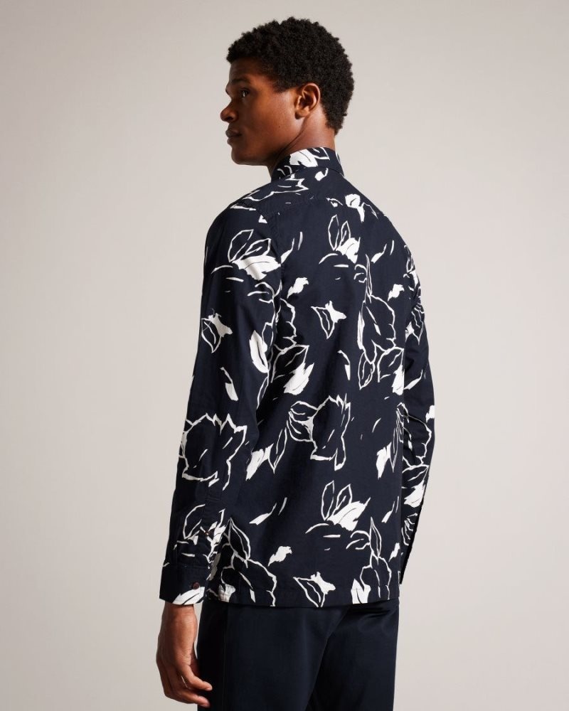 Navy Ted Baker Ashlo Long Sleeve Floral Outline Printed Shirt Shirts | KEHICOX-76
