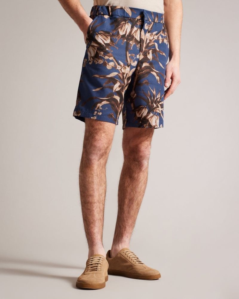 Navy Ted Baker Canriya Botanical Print Shorts Shorts | CZSJDPW-60