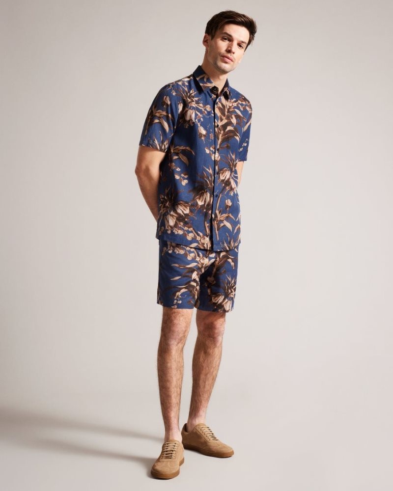 Navy Ted Baker Canriya Botanical Print Shorts Shorts | CZSJDPW-60