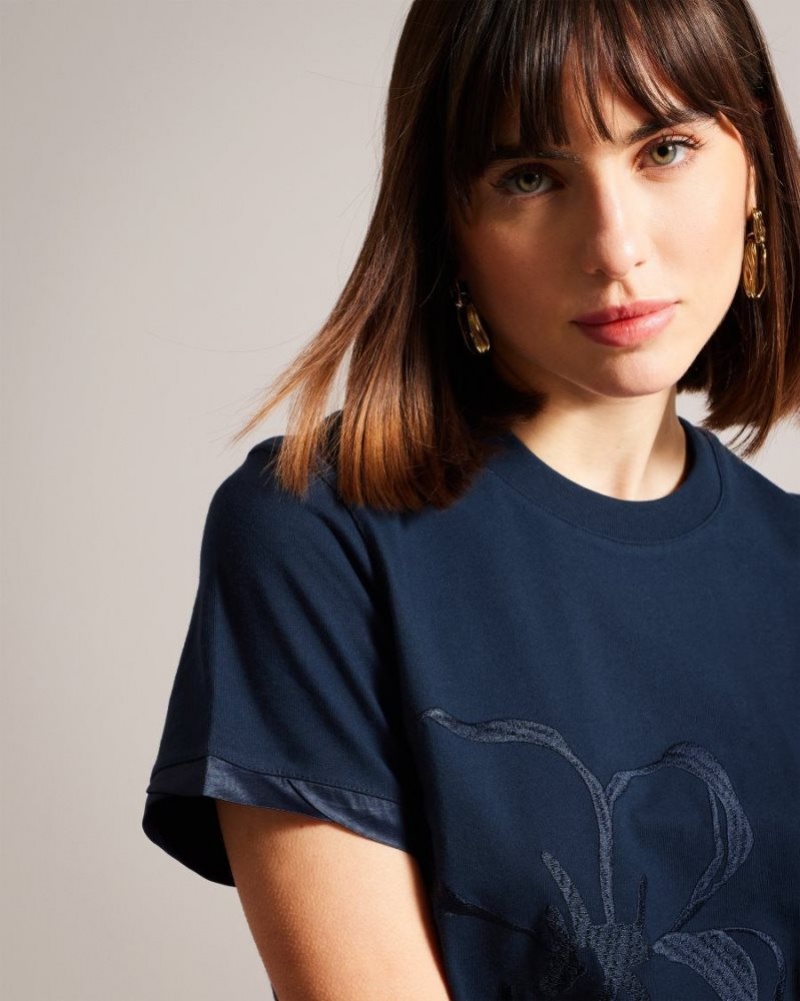 Navy Ted Baker Carmyn Roll Sleeve Tee With Satin Stitch Magnolia Tops & Blouses | ZSAVEPX-43