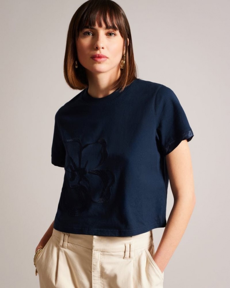 Navy Ted Baker Carmyn Roll Sleeve Tee With Satin Stitch Magnolia Tops & Blouses | ZSAVEPX-43