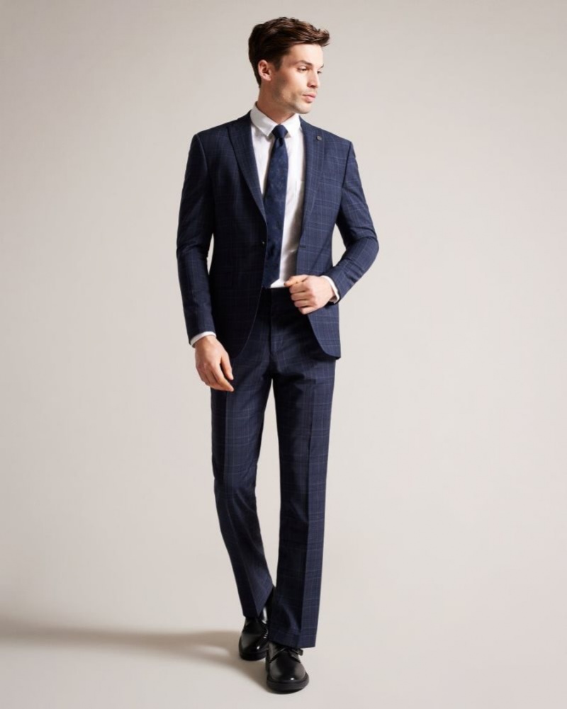 Navy Ted Baker Chesits Tonal Check Suit Trousers Suits | FXWRQYT-95