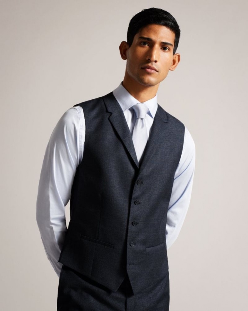 Navy Ted Baker Cromaws Wool Blend Check Waistcoat Suits | RHGCIKV-52