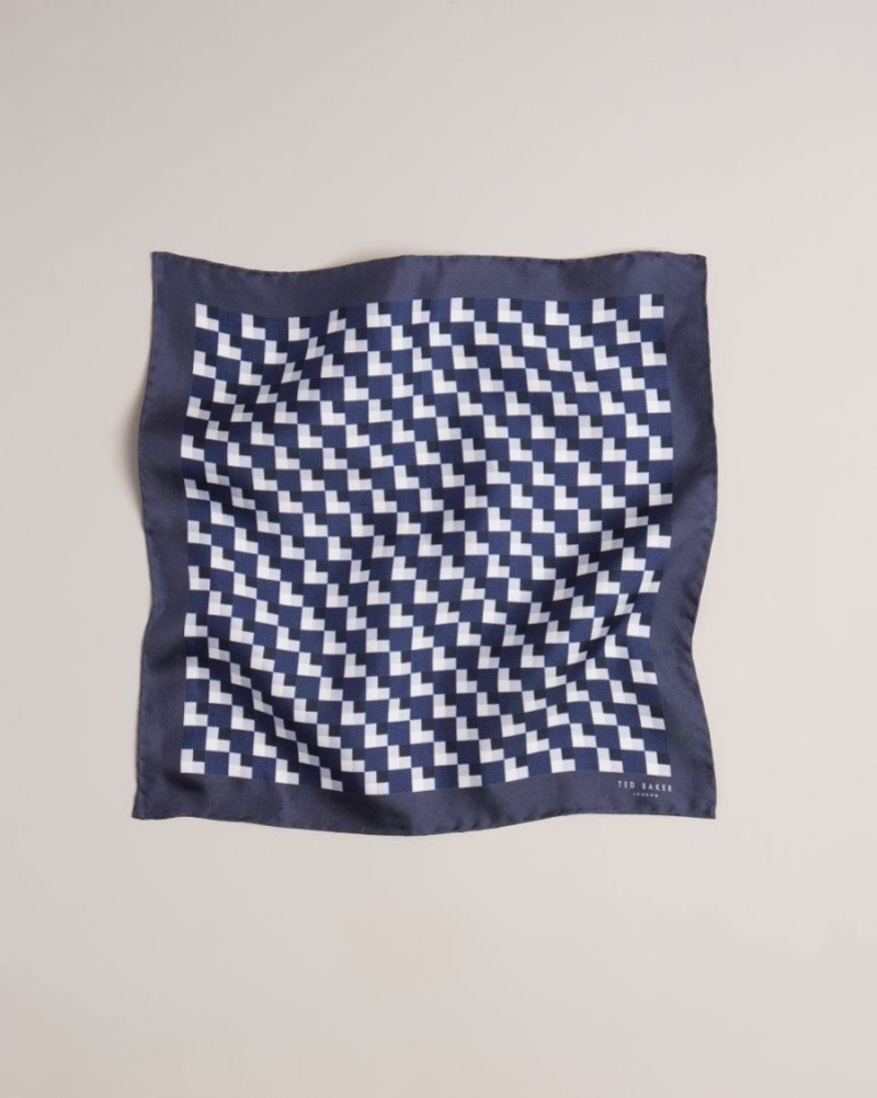 Navy Ted Baker Geopok Geometric Print Silk Pocket Square Ties & Bowties | NSTREDP-39