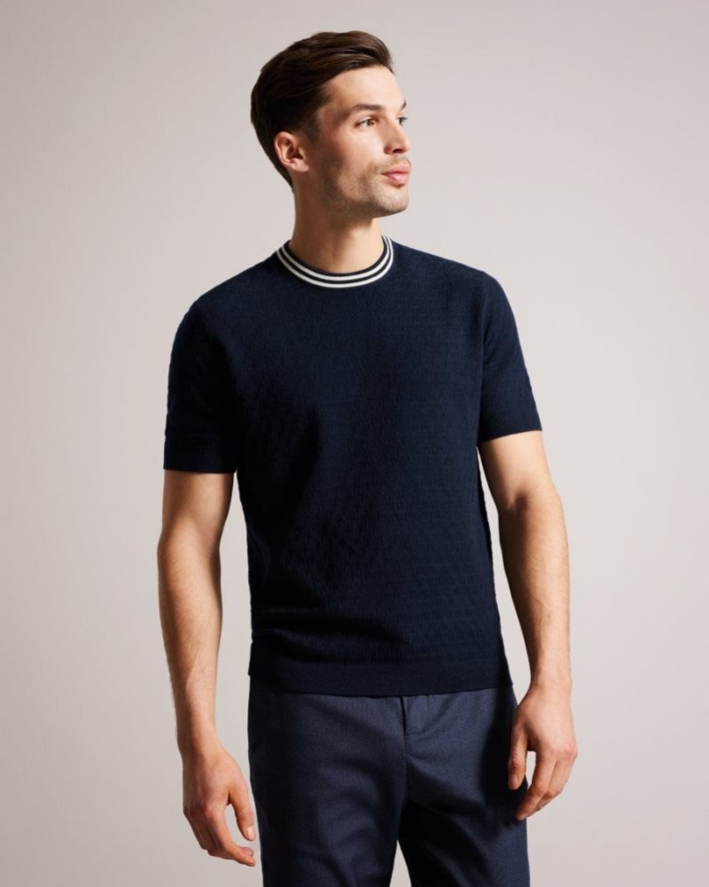 Navy Ted Baker Hanam Short Sleeve T Stitched T-Shirt Jumpers & Knitwear | XWKMGAZ-34