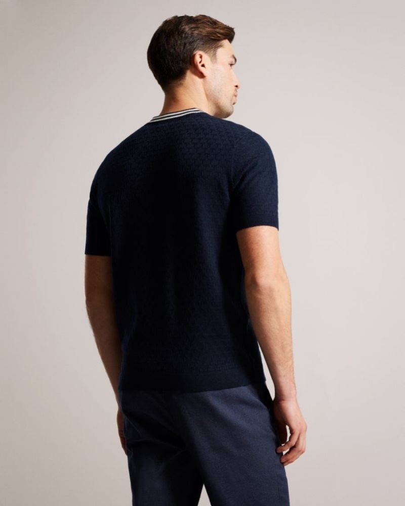 Navy Ted Baker Hanam Short Sleeve T Stitched T-Shirt Jumpers & Knitwear | XWKMGAZ-34