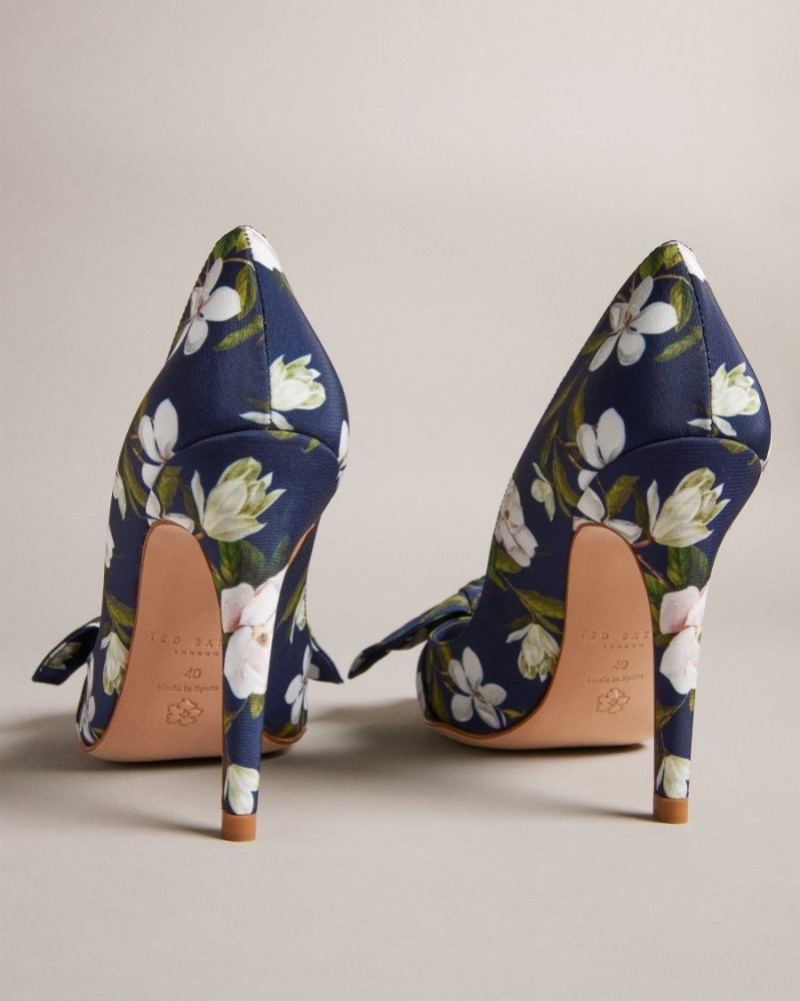 Navy Ted Baker Hyra Floral Bow Court Heels Heels | QVXKFRW-14
