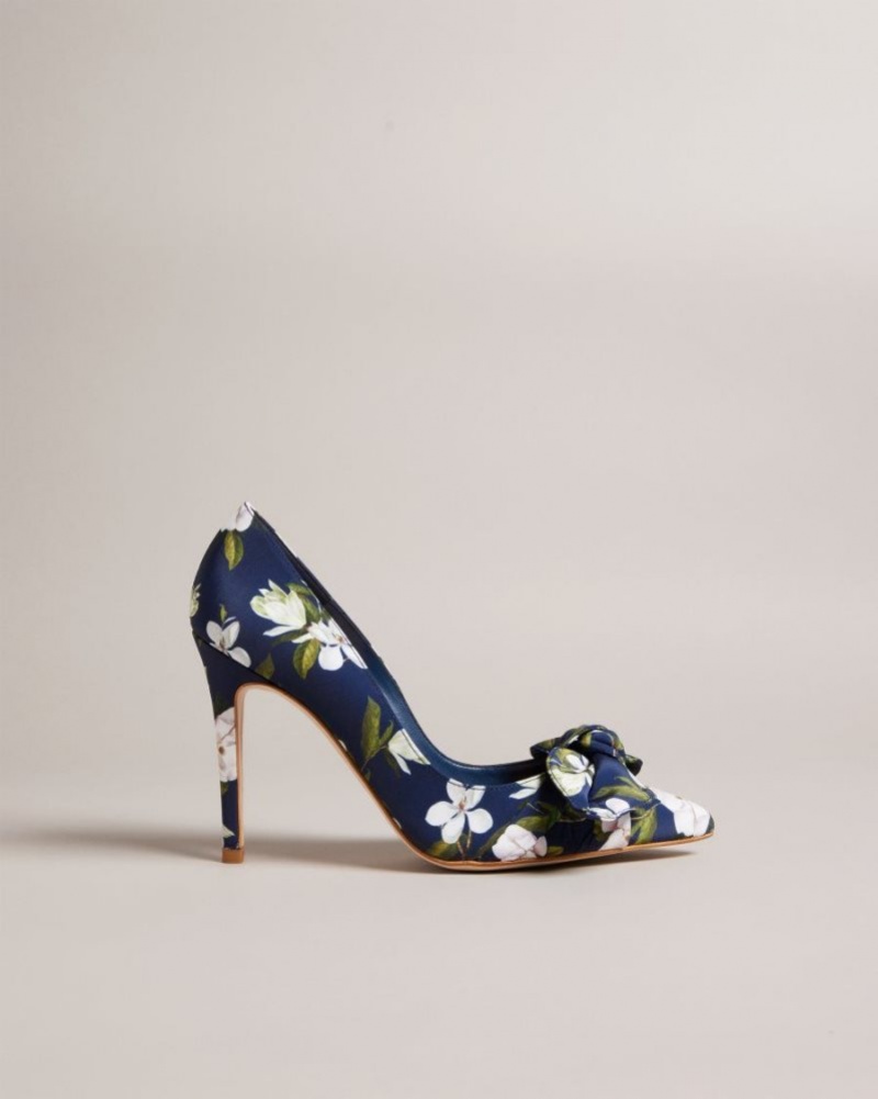 Navy Ted Baker Hyra Floral Bow Court Heels Heels | QVXKFRW-14