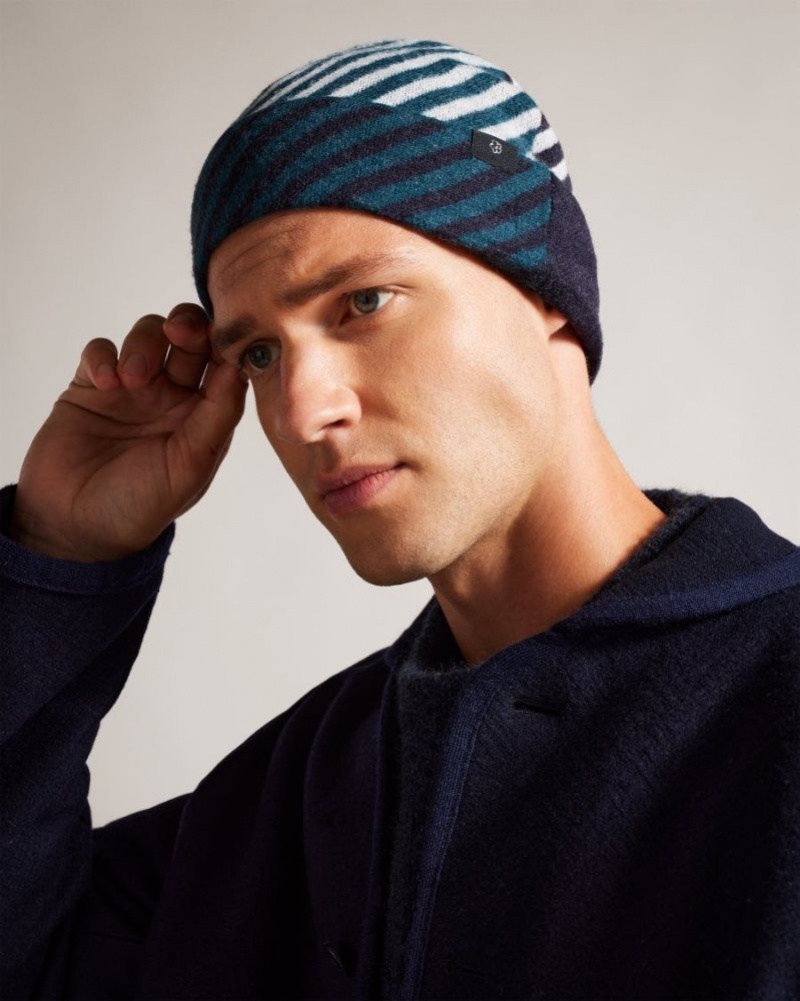 Navy Ted Baker Inferne Knitted House Check Hat Hats & Caps | VAQDUKC-81