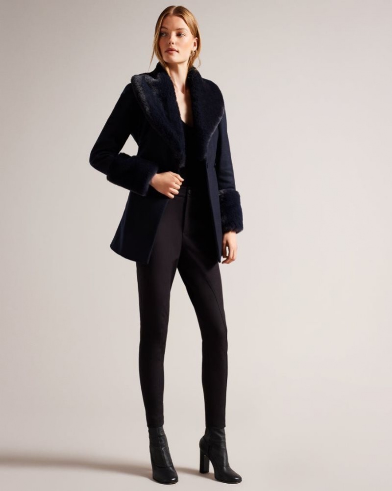 Navy Ted Baker Loleta Belted Coat With Faux Fur Collar and Cuffs Coats & Jackets | JYOMNKQ-04