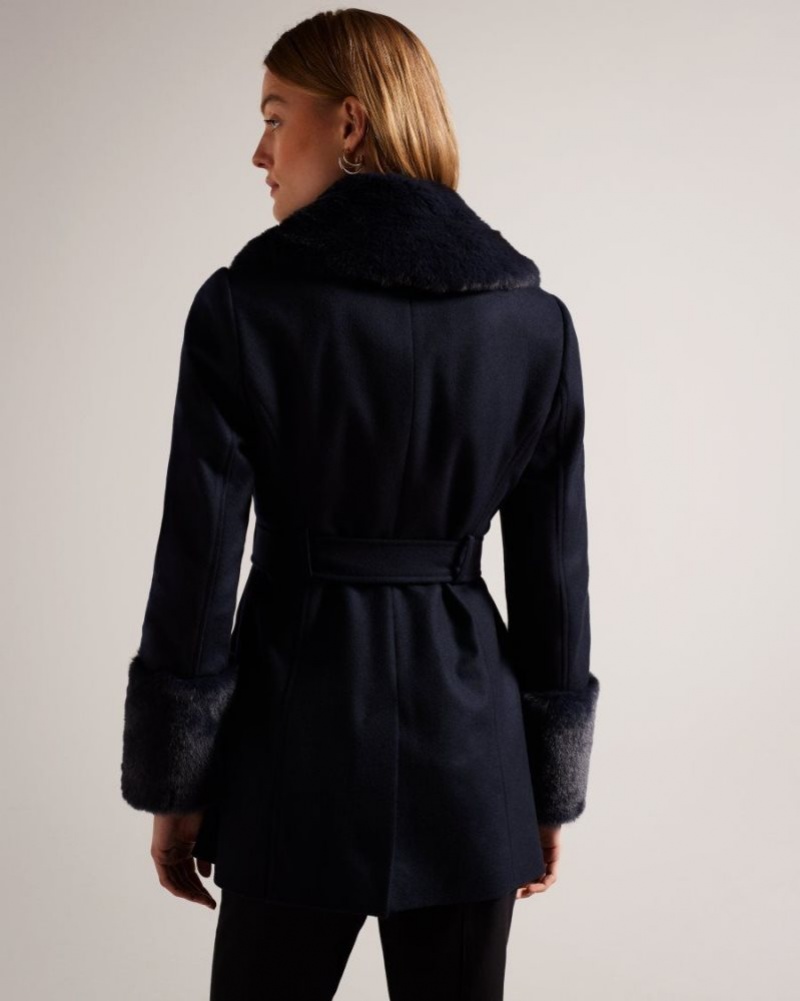 Navy Ted Baker Loleta Belted Coat With Faux Fur Collar and Cuffs Coats & Jackets | JYOMNKQ-04