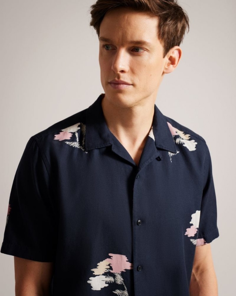 Navy Ted Baker Neele Short Sleeve Floral Printed Shirt Shirts | ZEQHWBU-14