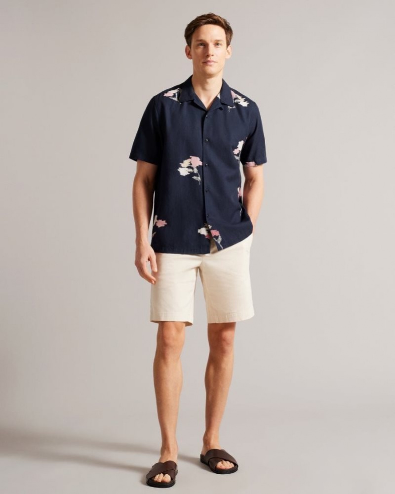 Navy Ted Baker Neele Short Sleeve Floral Printed Shirt Shirts | ZEQHWBU-14