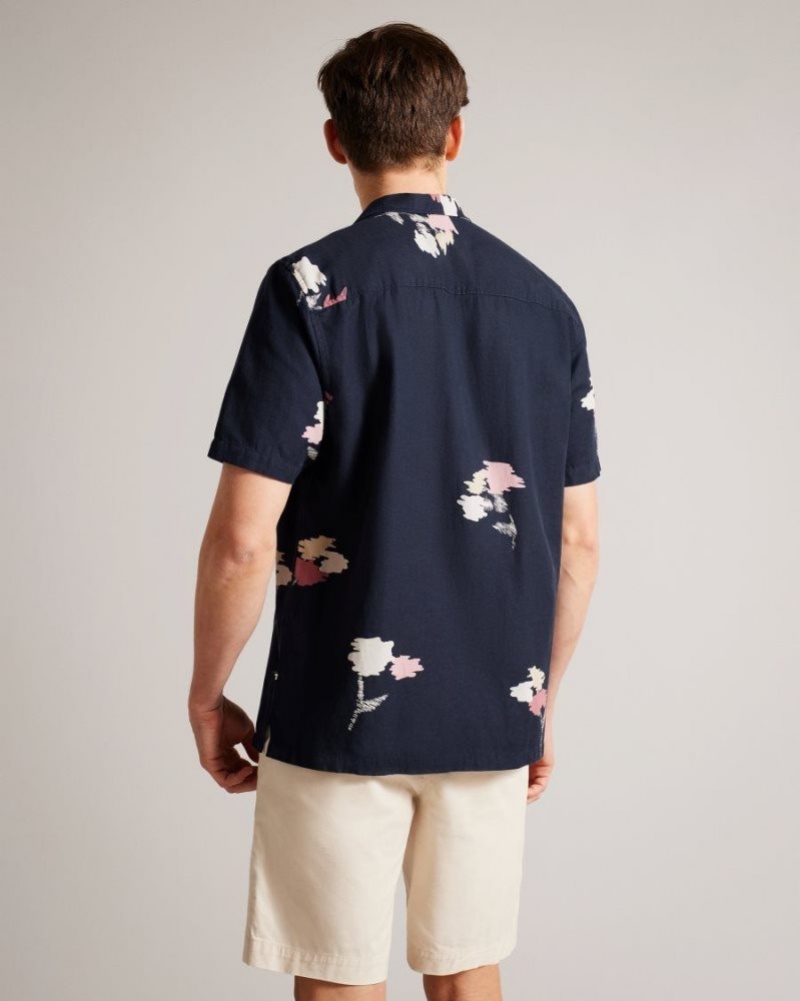 Navy Ted Baker Neele Short Sleeve Floral Printed Shirt Shirts | ZEQHWBU-14