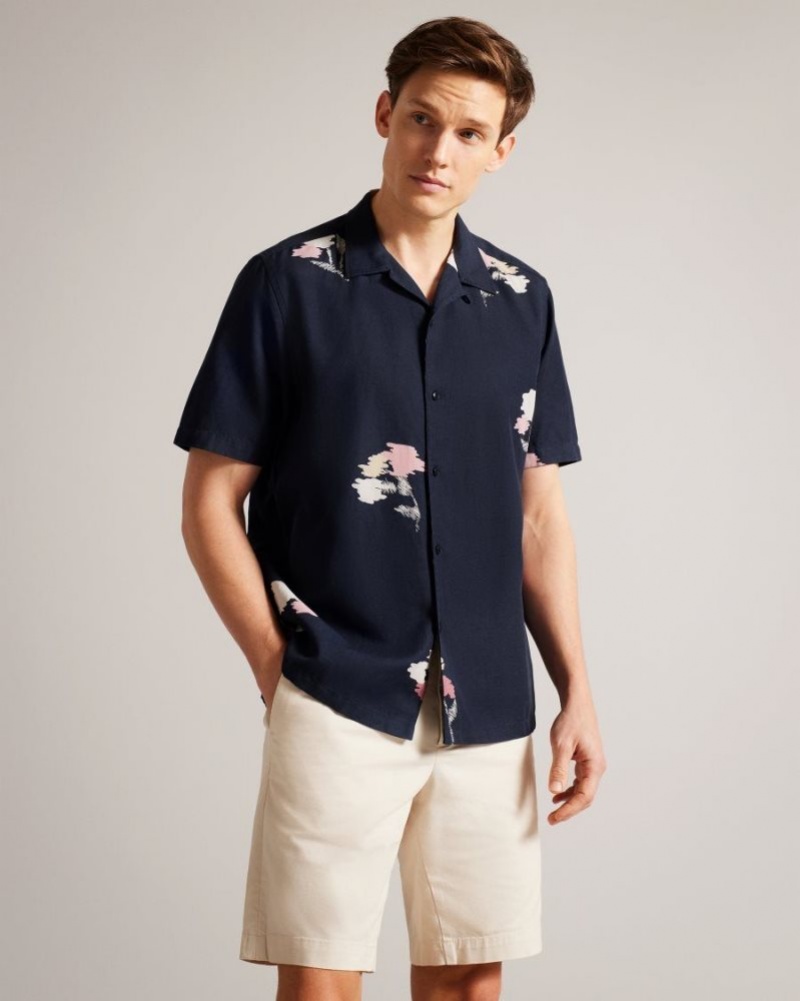 Navy Ted Baker Neele Short Sleeve Floral Printed Shirt Shirts | ZEQHWBU-14