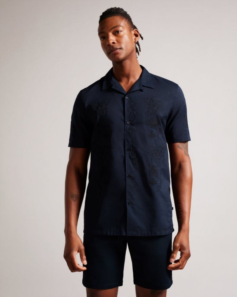Navy Ted Baker Ranney Short Sleeve Cotton Shirt With Floral Embroidery Shirts | CZMIDHK-36