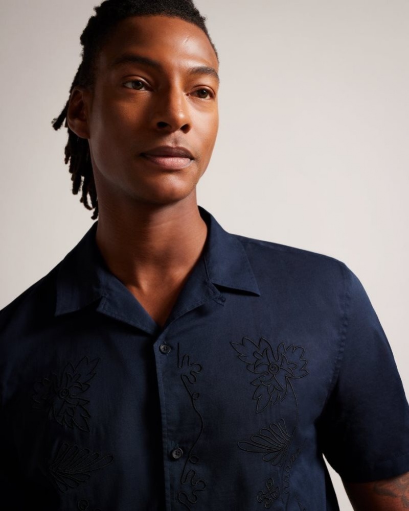 Navy Ted Baker Ranney Short Sleeve Cotton Shirt With Floral Embroidery Shirts | CZMIDHK-36