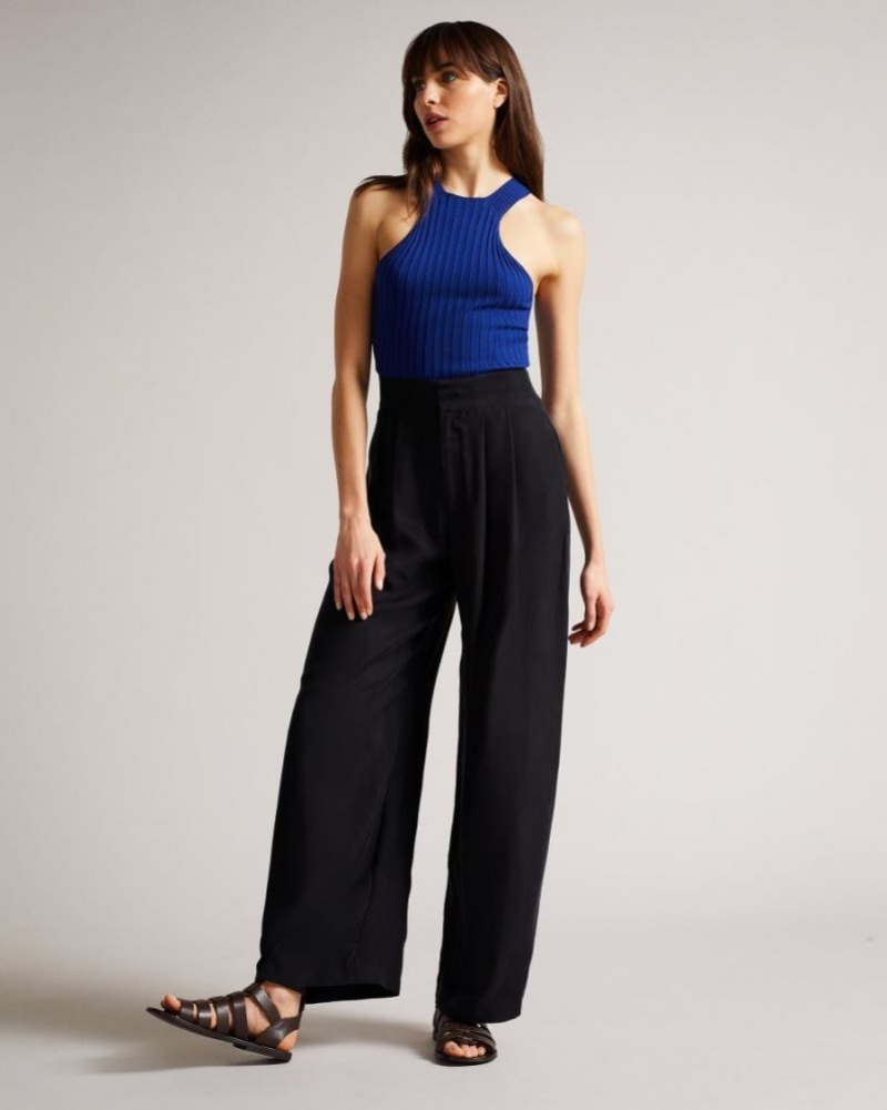 Navy Ted Baker Ronia Pleated Wide Flood Length Trousers Trousers & Shorts | LIPHQSG-03