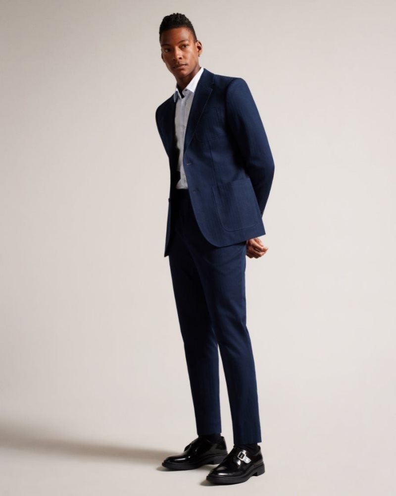 Navy Ted Baker Shakerj Cotton And Linen Striped Suit Jacket Suits | KPSQZYW-43