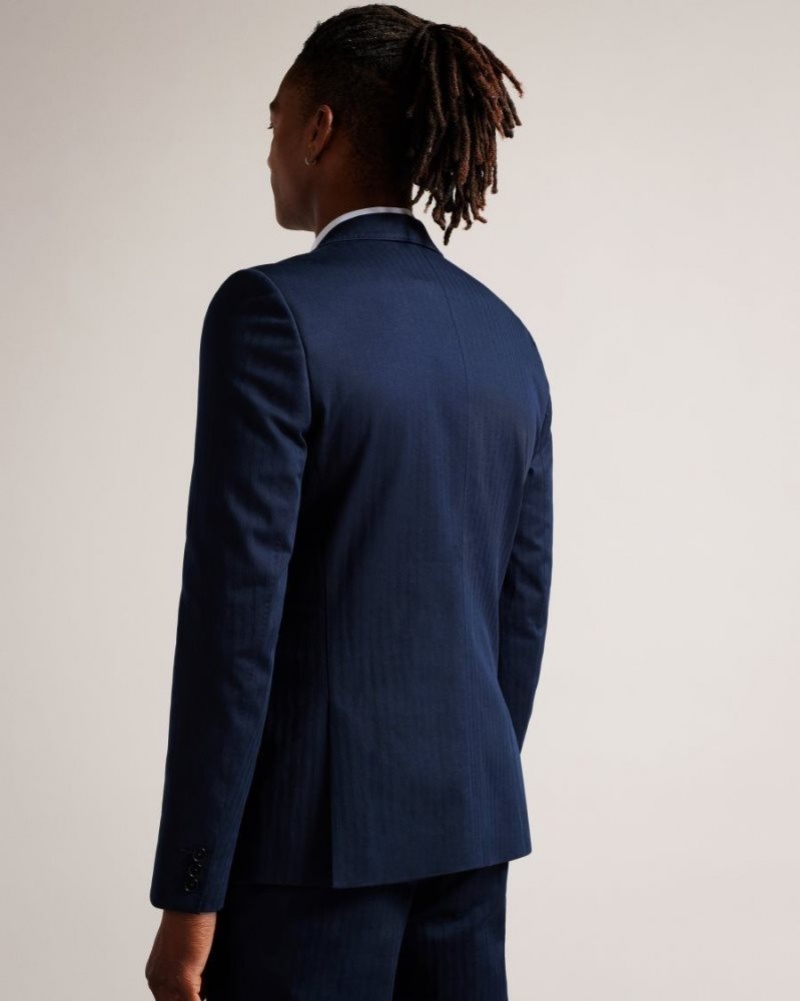 Navy Ted Baker Shakerj Cotton And Linen Striped Suit Jacket Suits | KPSQZYW-43