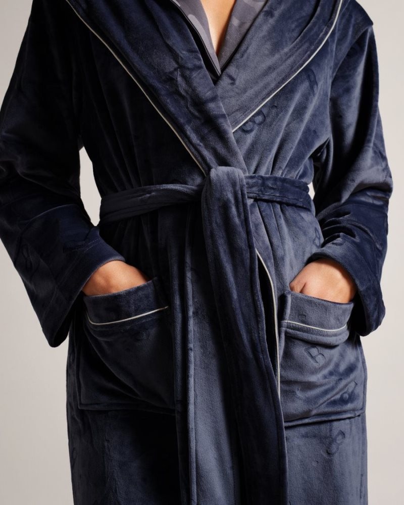 Navy Ted Baker Slepsal Long Plush Hooded Dressing Gown Lingerie & Pyjamas | GOPBCRA-17