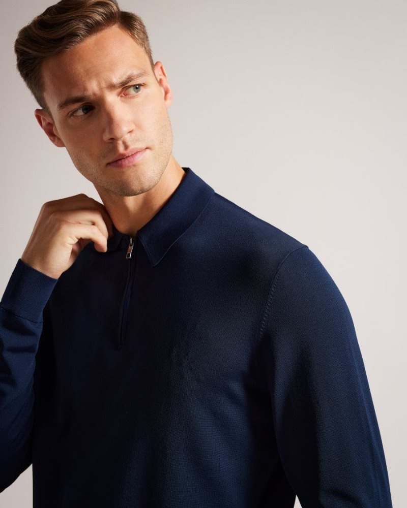 Navy Ted Baker Viba Long Sleeve Regular Half Zip Rayon Polo Jumpers & Knitwear | EOYWIKP-09