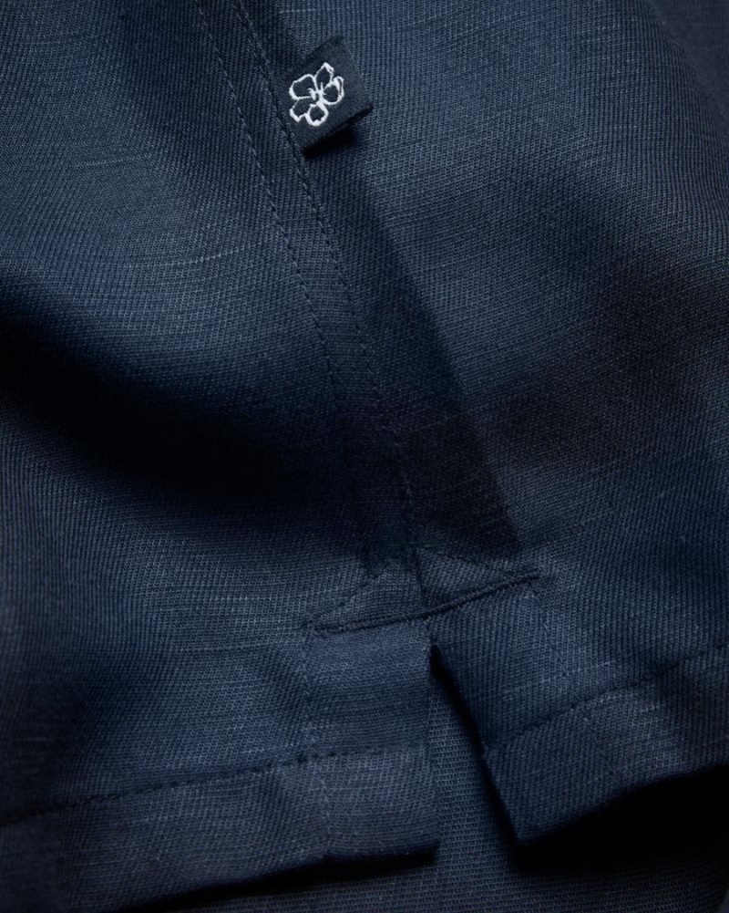 Navy Ted Baker Wesland Short Sleeve Tencel Linen Revera Collar Shirt Shirts | WNSFQHU-70