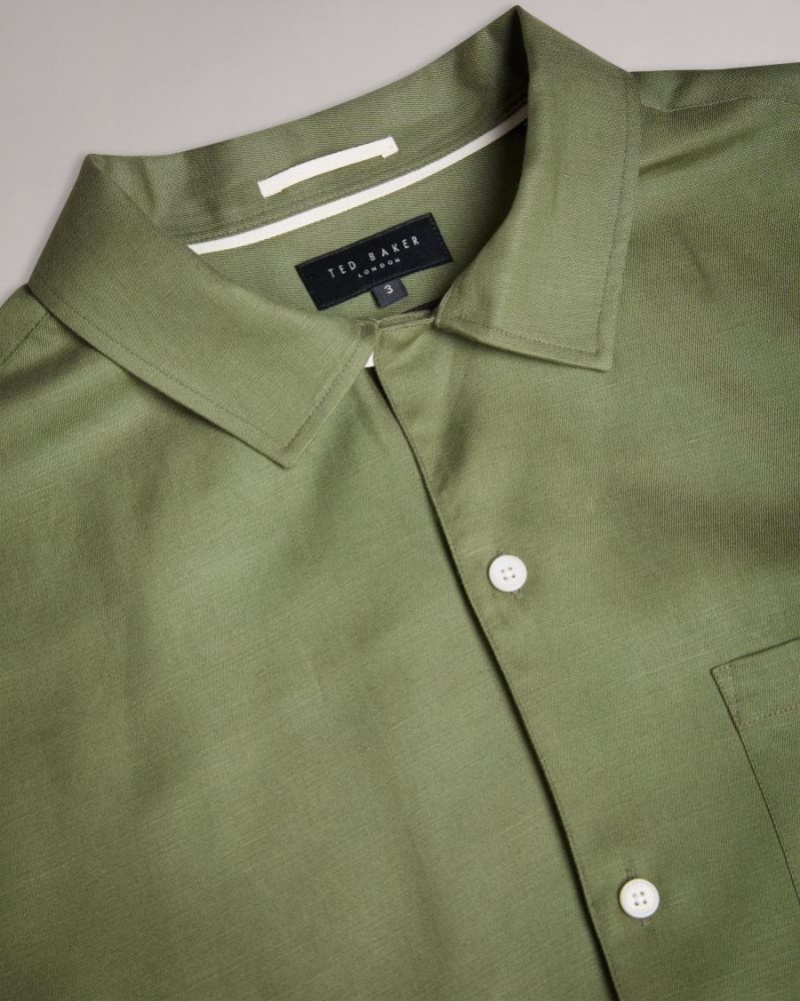 Olive Ted Baker Wesland Short Sleeve Tencel Linen Revera Collar Shirt Shirts | KXVGZFD-02