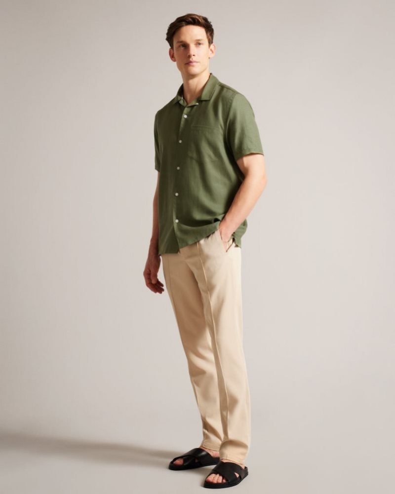 Olive Ted Baker Wesland Short Sleeve Tencel Linen Revera Collar Shirt Shirts | KXVGZFD-02