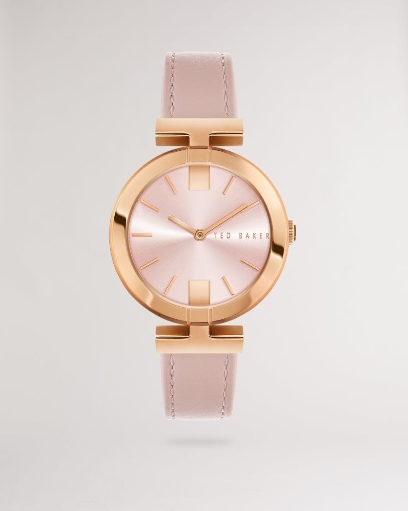 Pink Ted Baker Darbyy T Frame Leather Strap Watch Watches | EDCBPGS-98