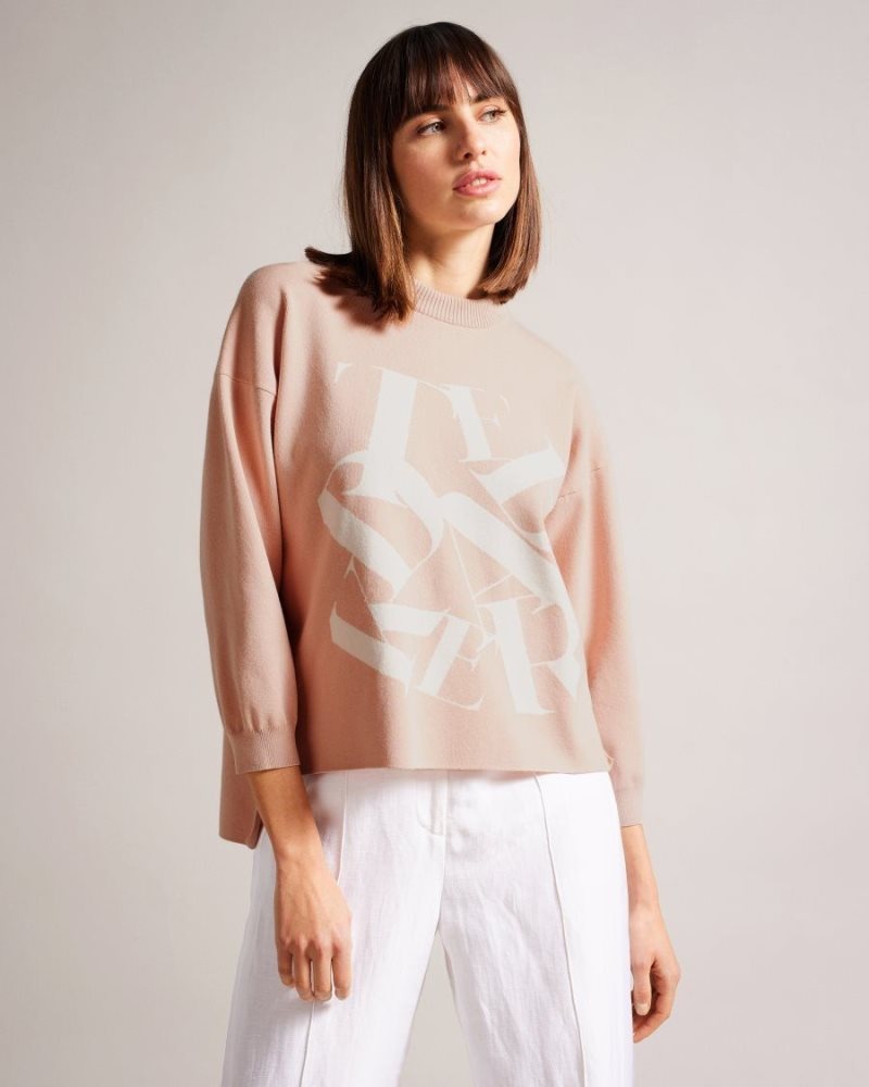 Pink Ted Baker Elssiaa Branded Jacquard Knit Jumper Jumpers & Cardigans | TCDASEL-20