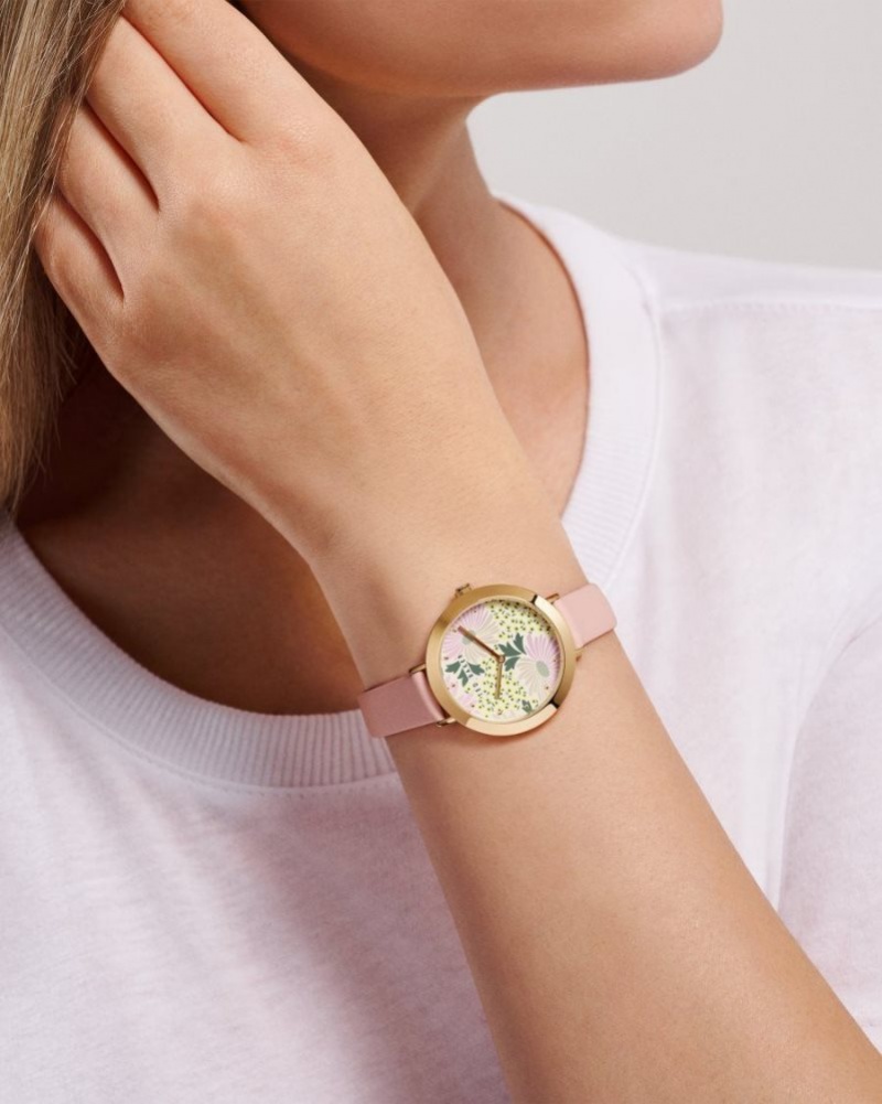 Pink Ted Baker Lesedi Daisy Print Dial Leather Strap Watch Watches | FBZXEQT-70
