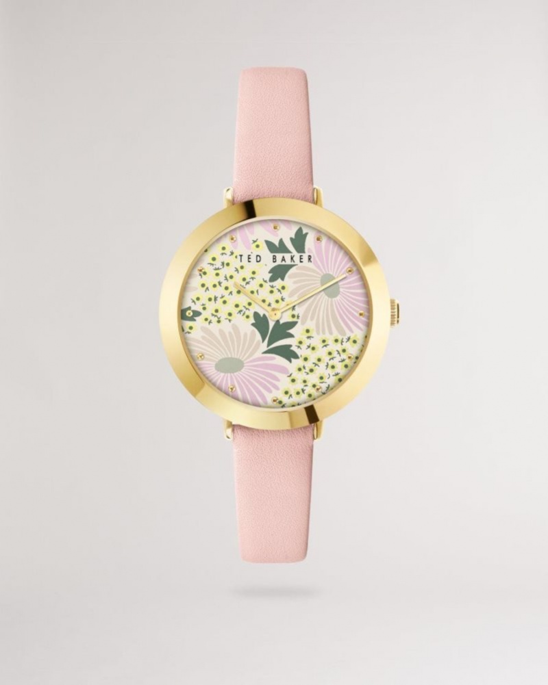 Pink Ted Baker Lesedi Daisy Print Dial Leather Strap Watch Watches | FBZXEQT-70