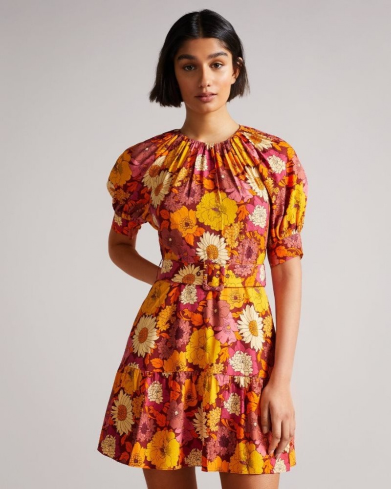 Red Ted Baker Patti Floral Belted Mini Dress Dresses | QMNRTLO-89