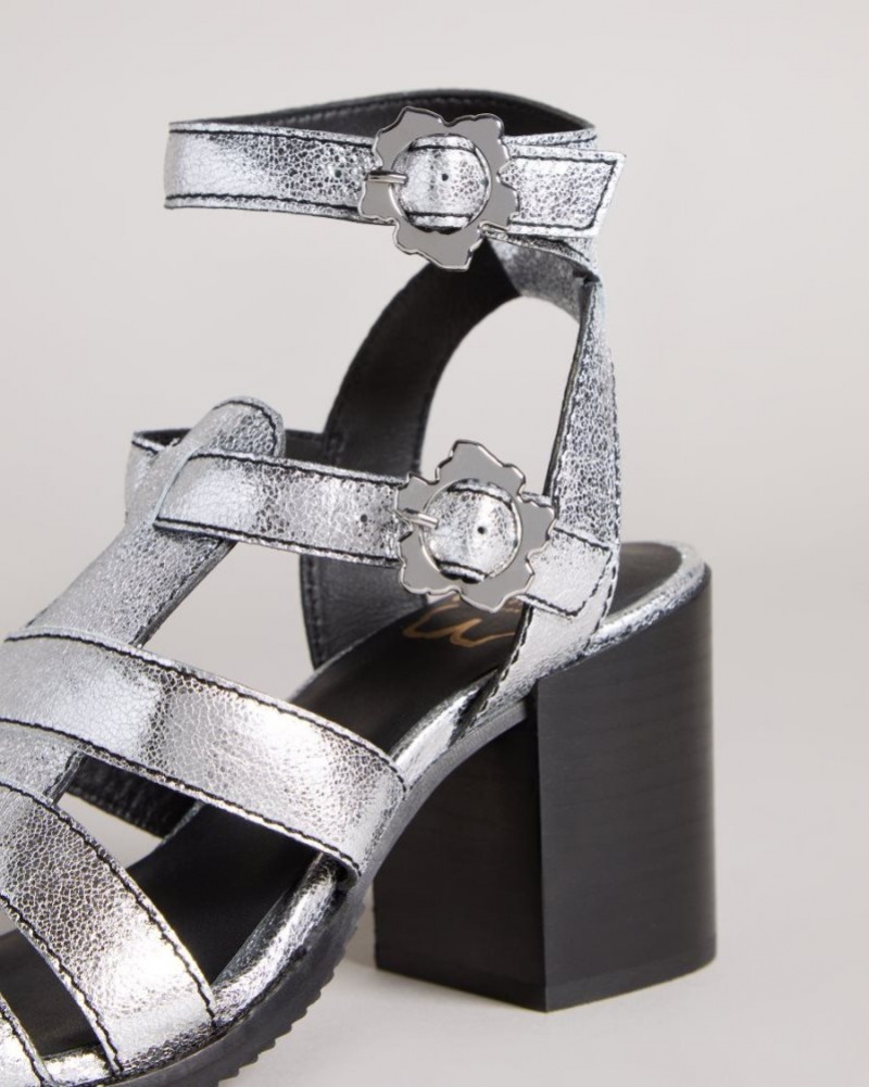 Silver Ted Baker Taylay Strappy Block Heeled Crinkled Leather Sandals Heels | XUVDPGQ-72