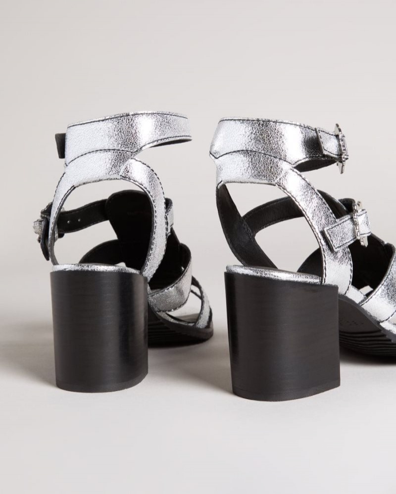 Silver Ted Baker Taylay Strappy Block Heeled Crinkled Leather Sandals Heels | XUVDPGQ-72