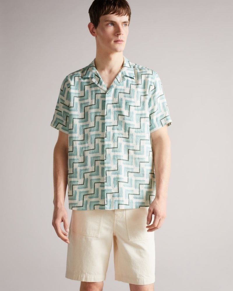 Sky Blue Ted Baker Brecon Short Sleeve Retro Geometric Print Shirt Shirts | EXKJBRO-40