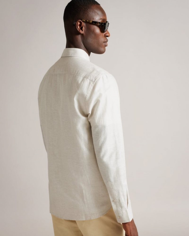 Stone Ted Baker Kingwel Long Sleeve Linen Blend Shirt Shirts | TOKHRFV-01