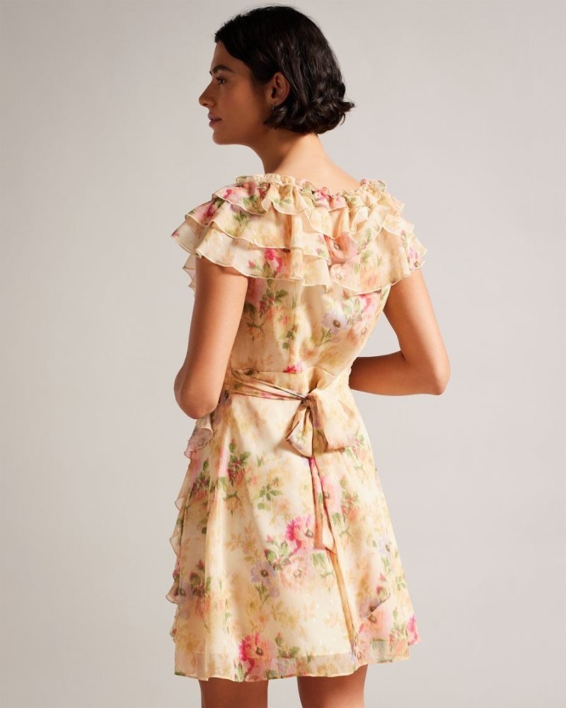 Tan Ted Baker Ammiah Frilled Floral V Neck Mini Dress Dresses | HRINQDU-05